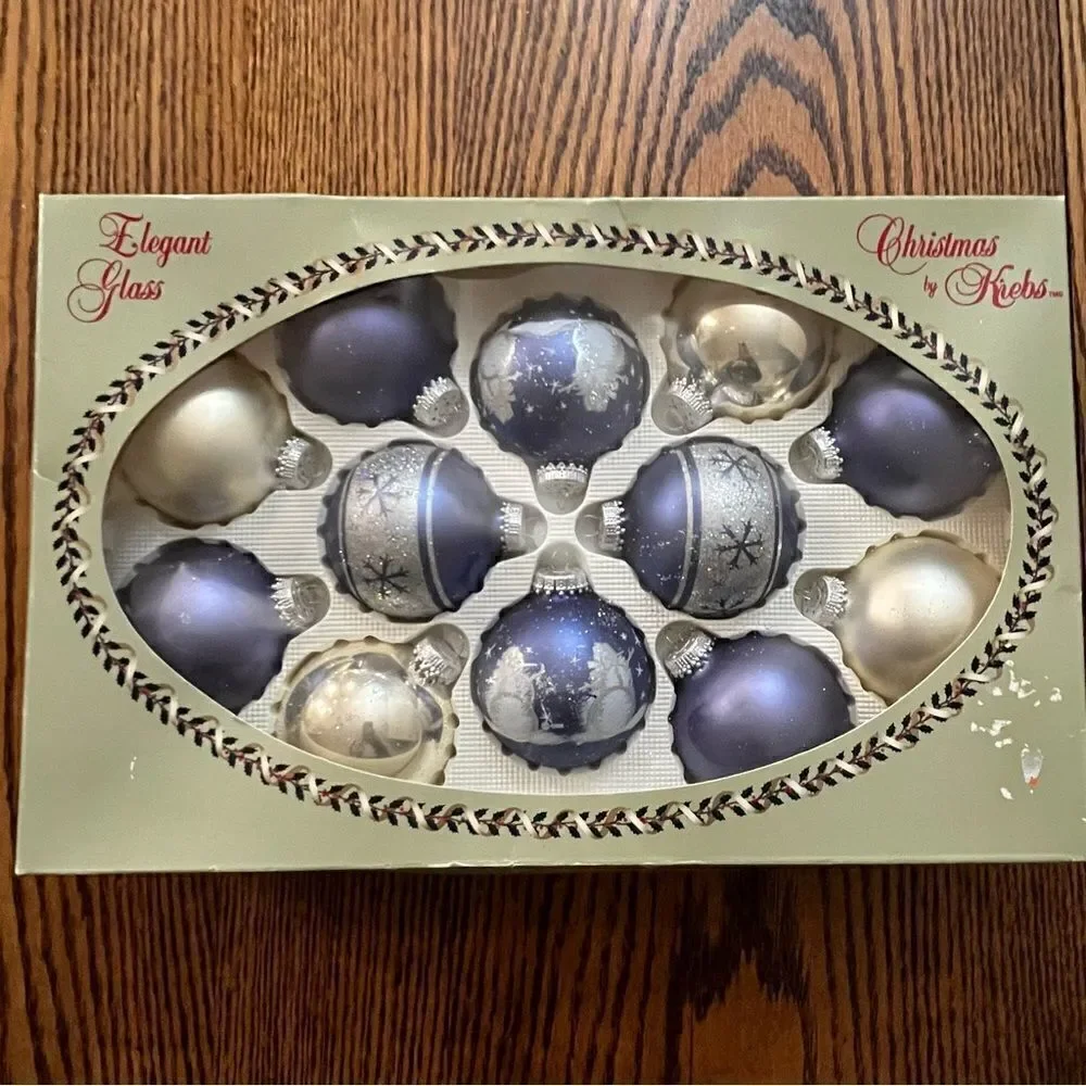 Christmas by Krebs 12-Piece Periwinkle Blue Silver Glass Ornament Set Vintage